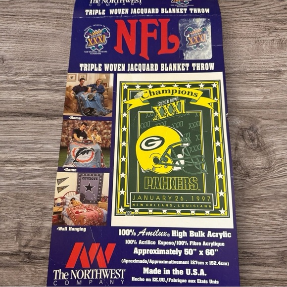 VINTAGE NFL TRIPLE WOVEN JACQUARD BLAKET THROW GB PACKERS - NWT - Picture 2 of 5